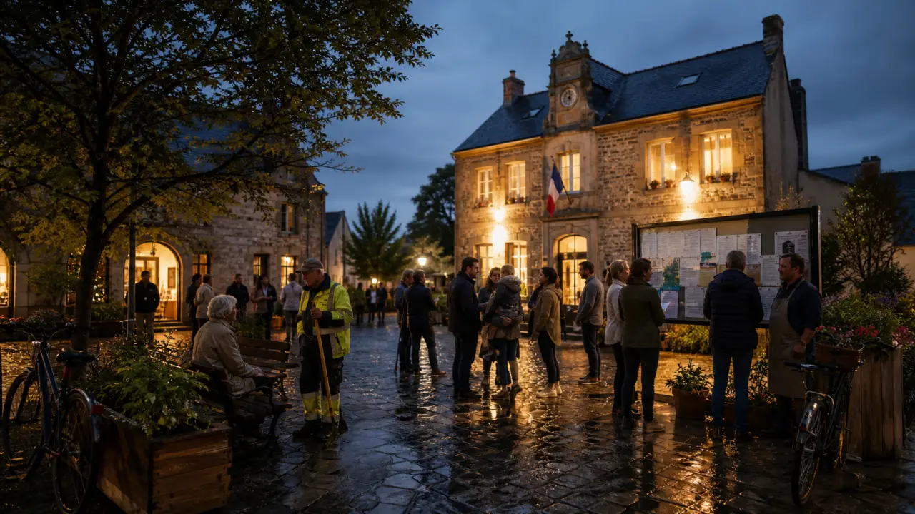 Groupe diversifié de citoyens en discussion publique dans une commune française