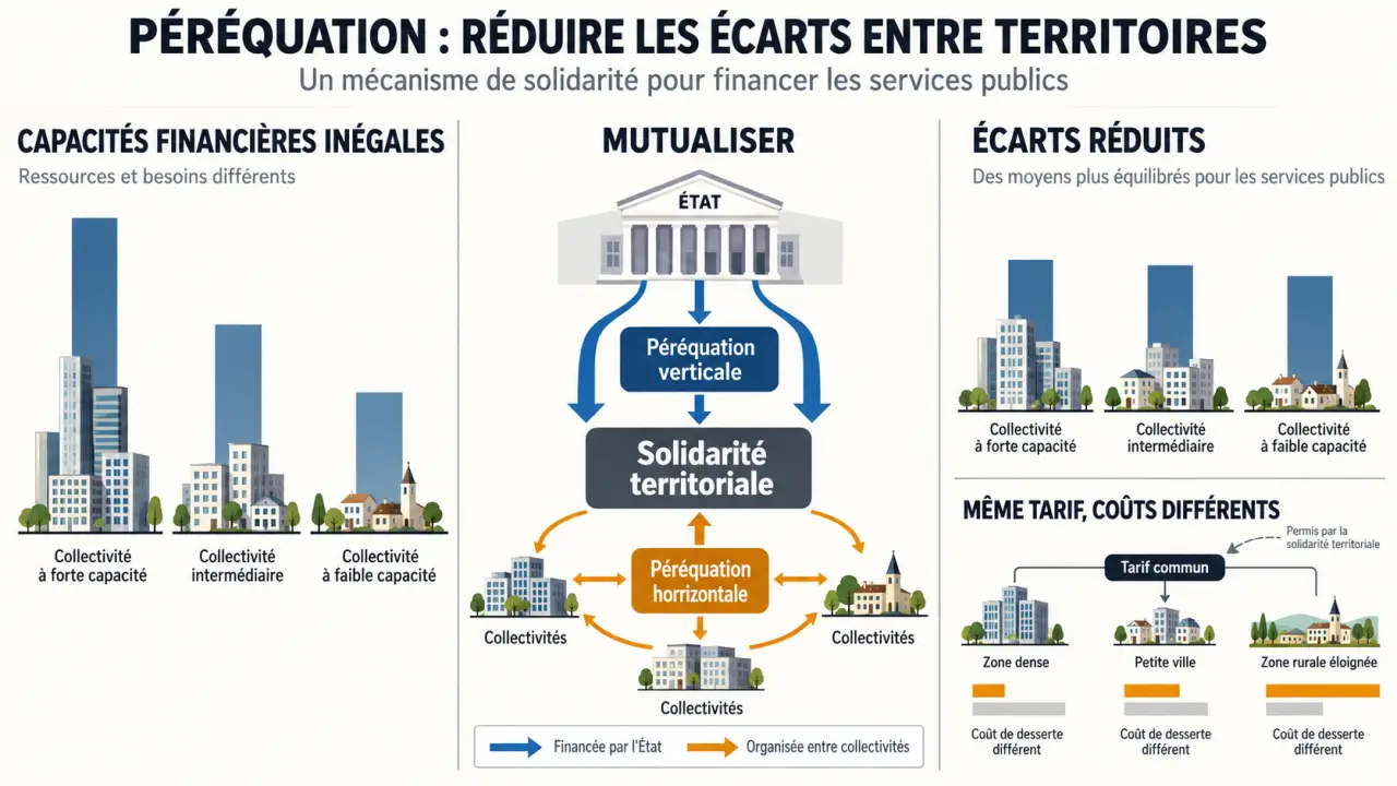 Infographie pédagogique sur la péréquation def, la redistribution entre collectivités et la réduction des inégalités territoriales