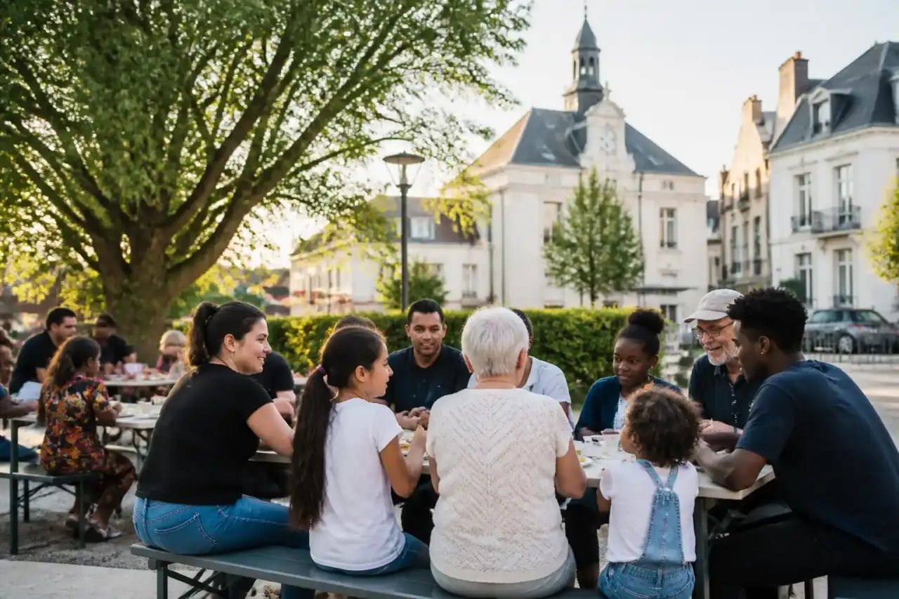 Citoyens français en discussion publique dans un espace communal, illustrant la cohésion sociale
