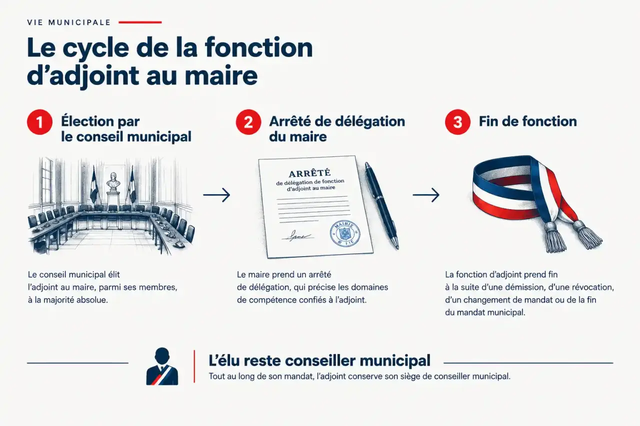 Schéma des étapes de la fonction d'adjoint au maire : élection, délégation, fin de fonction