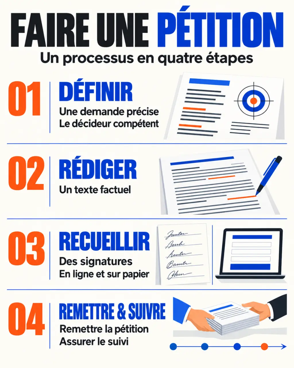 Étapes clés pour faire une pétition, de la demande précise au suivi après la remise