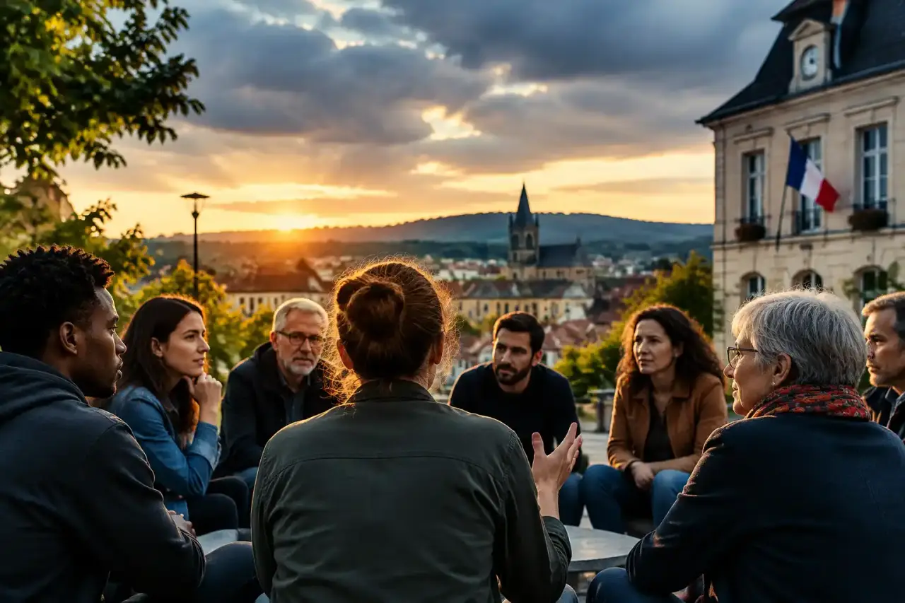Citoyens réunis lors d'une discussion publique dans une ville française