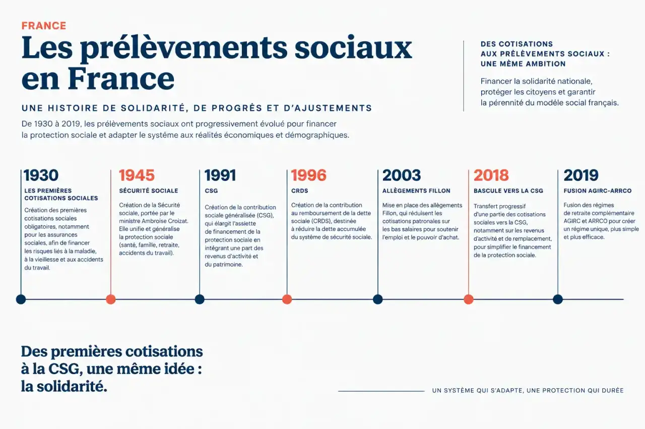 Frise chronologique de l'historique des taux de cotisations sociales en France de 1930 à 2019