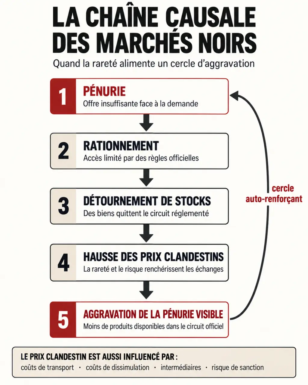 Schéma explicatif du fonctionnement des marchés noirs, de la pénurie au prix clandestin