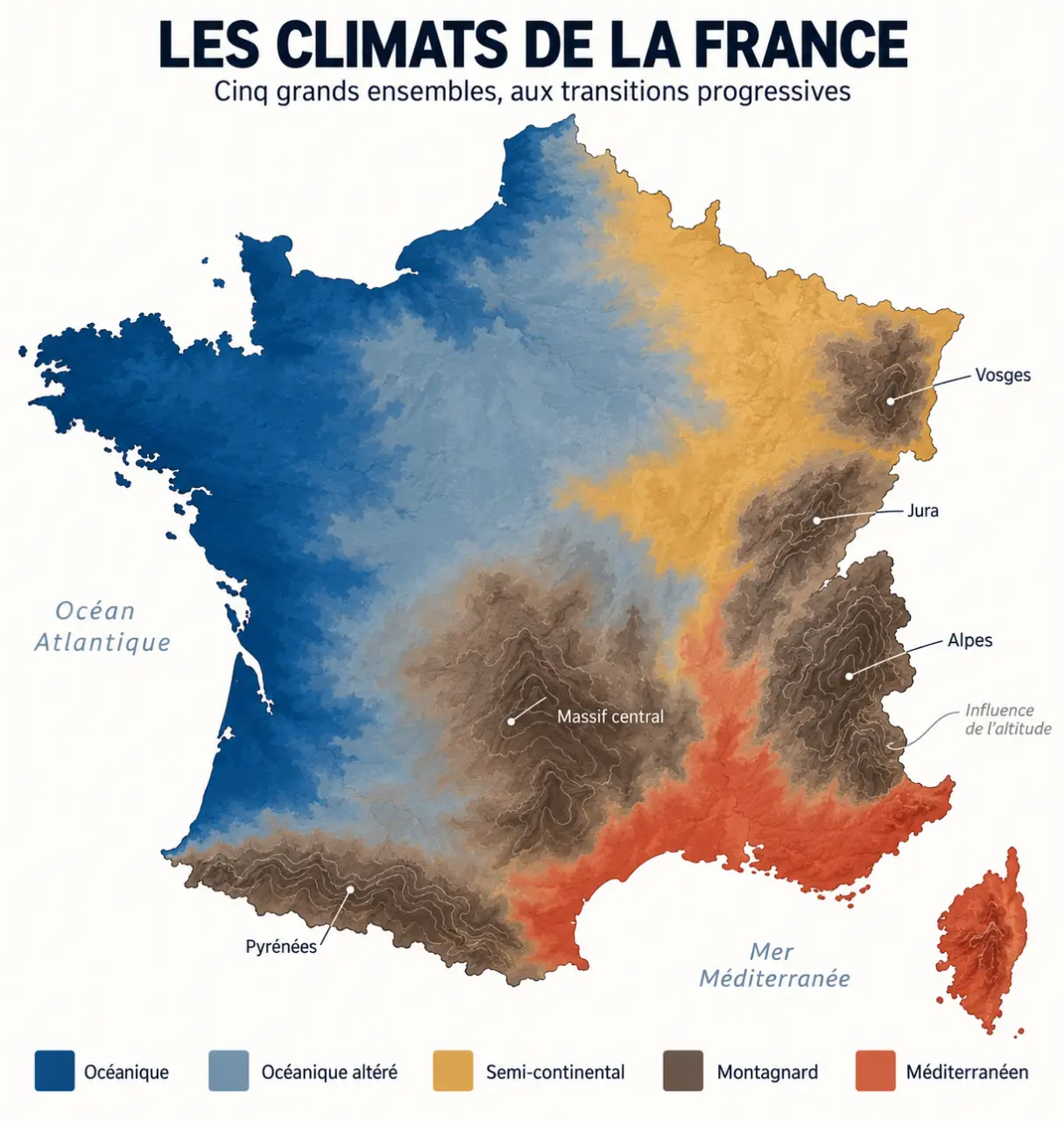 Carte du climat en France présentant les cinq grandes zones climatiques de la métropole