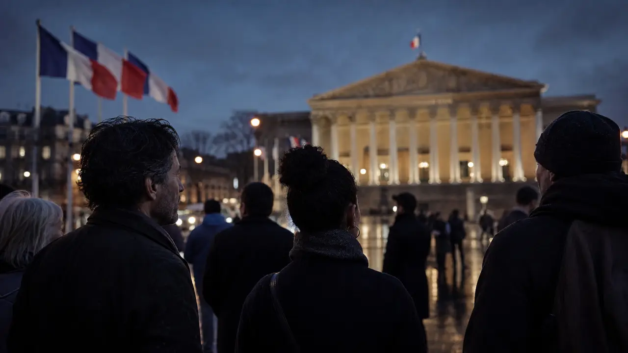 Groupe diversifié de citoyens français en discussion publique, dans une atmosphère de débat civique