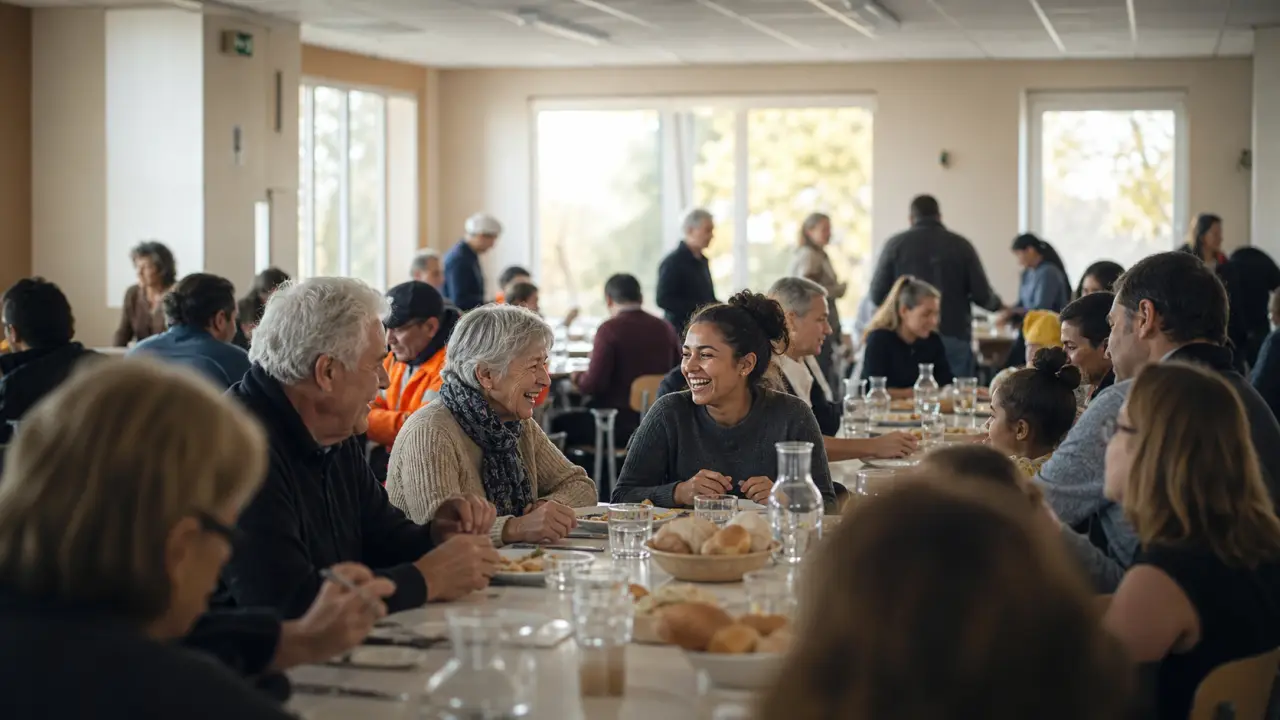 Cantine municipale animée par des habitants de générations différentes partageant un repas