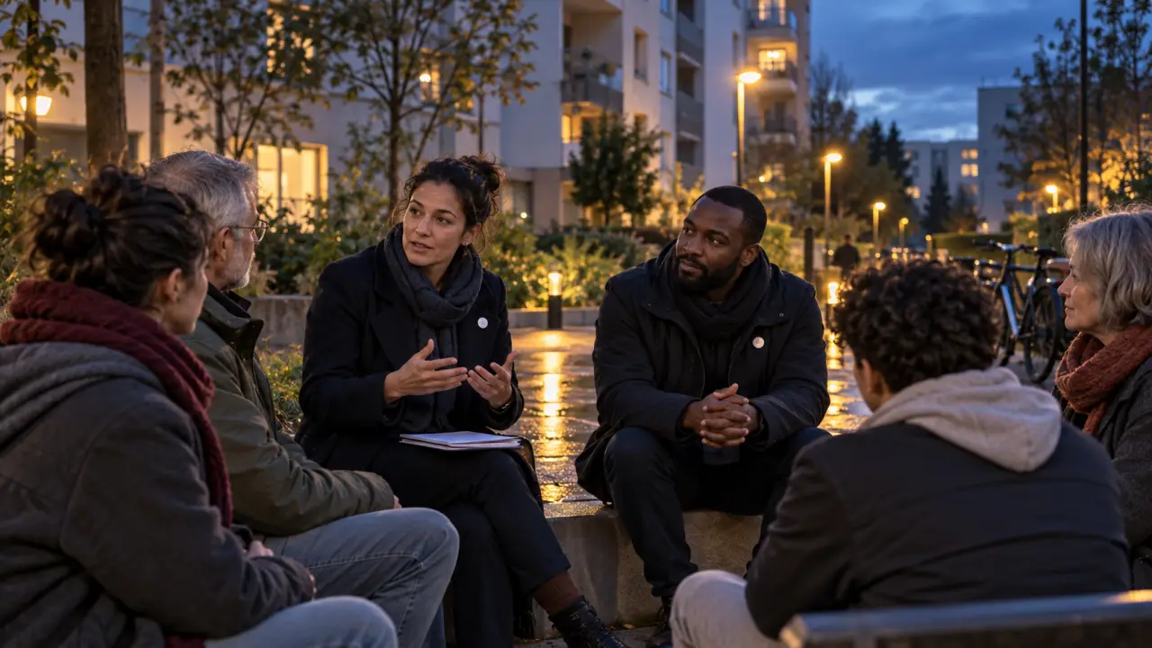 Habitants réunis pour échanger dans un espace public de quartier