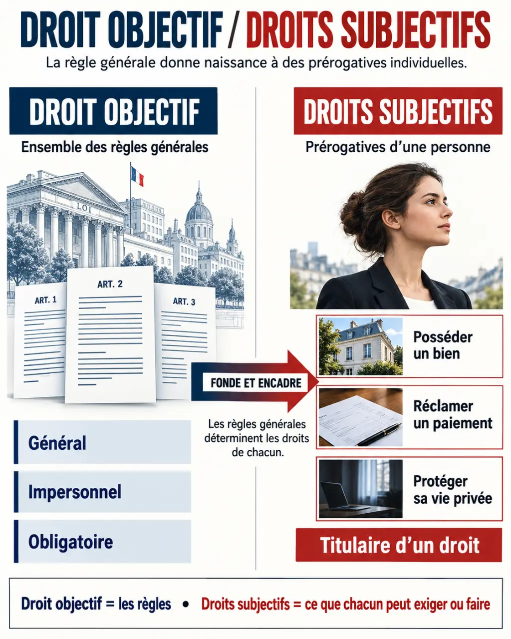 Infographie comparative sur le droit objectif et subjectif, leurs définitions et leur articulation