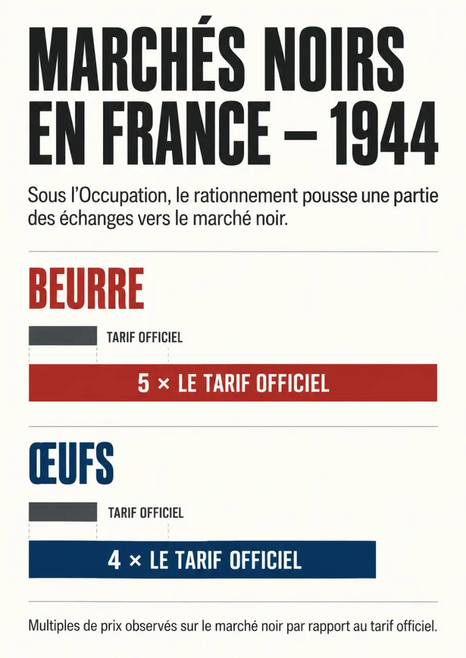 Infographie historique sur les marchés noirs en France en 1944 et les prix du beurre et des œufs